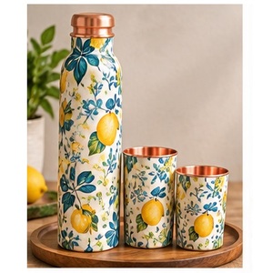Juego de Botellas de Agua de Cobre con Estampado Floral Tropical Botánico Ayurvédico, con Tazas a Juego, Vajilla Portátil para Viajes - Product Image 6
