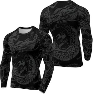 Men's Long Sleeve Rash Guard Compression Shirt Full Sleeve Sublimation Print Quick Dry Black Dragon Design - Product Image 1