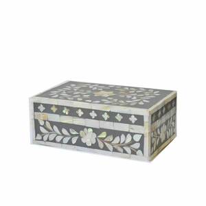 Rectangular Wooden Storage <b>Box</b> Gray with White <b>Floral</b> Inlay Pattern for Jewelry and Cosmetic Organizer - Product Image 1