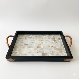 Plateau de service artisanal de luxe en nacre, élégant, blanc crème, avec incrustation de coquillages, plateau ottoman pour la maison, plateau décoratif pour cadeaux - Product Image 3
