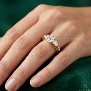 Oval Cut Lab Grown Diamond Luxury Engagement <b>Ring</b> 9K 10K 14K 18K Yellow Gold Pear Side <b>Stones</b> Wedding Gift Women IGI Certified - Product Image 5