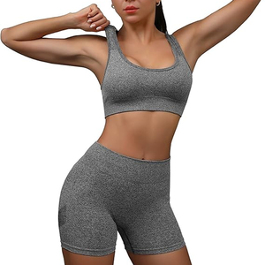 Conjunto Deportivo de Yoga para Mujer, 2 Piezas, Casual, Sólido, Poliéster/Algodón, Sin Costuras, Top Acanalado, Shorts Ajustados, Ropa Deportiva - Product Image 1