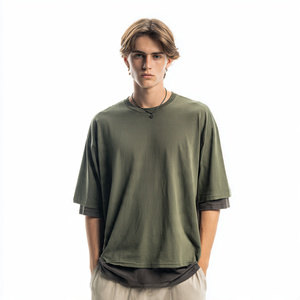 Camiseta de doble capa para hombre, estilo urbano de verano, con hombros caídos, camisetas de doble capa para hombre, camisetas de doble capa con corte oversize para hombre - Product Image 1