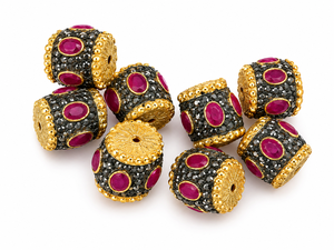 Cuentas cilíndricas de latón espaciadoras Jadau Dholak con múltiples piedras, chapadas en oro y esmaltadas, para la fabricación de joyas personalizadas, pulseras y collares - Product Image 1