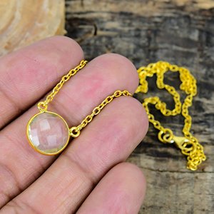 Collier avec pendentif en quartz clair naturel de forme ronde, chaîne en argent sterling 925 plaqué or 18 carats - Product Image 3