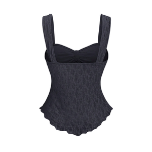 Haut sans manches noir pour femme avec détail cœur, buste froncé à l'avant, ourlet en dentelle, décontracté, mode estivale, chic et élégant pour les soirées - Product Image 2