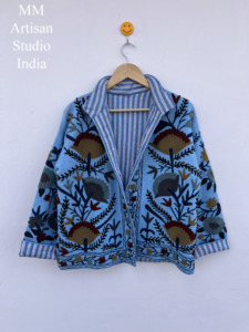 Chaqueta de Algodón Suzani Azul Claro de Lujo Hecha a Mano, Estilo Kimono Casual con Frente Abierto, Cardigan, Abrigo Artístico - Product Image 1