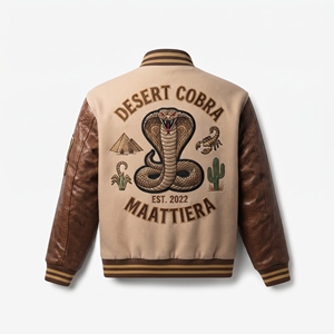 <b>Mens</b> Desert Embroidered Bomber <b>Jacket</b> Beige <b>Brown</b> <b>Leather</b> Sleeves Custom Streetwear Fashion <b>Jacket</b> - Product Image 4