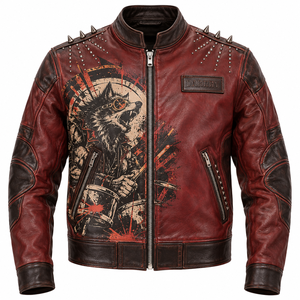 Blouson en cuir rouge vieilli pour homme, style punk rock, avec motif loup, clouté et à pointes, veste de motard, production en gros sur mesure OEM ODM en usine - Product Image 1