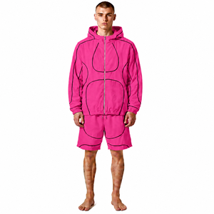 Custom Logo Shorts Piping <b>Zip</b> <b>Hooded</b> Jackets Tracksuit Reflective Nylon Unisex Heavyweight Windproof Spring 2 Piece Set - Product Image 2
