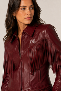 Women’s Genuine Leather <b>Fringe</b> <b>Jacket</b> Deep Burgundy Western Style Long <b>Fringe</b> Custom OEM ODM Wholesale Fashion Outerwear - Product Image 5