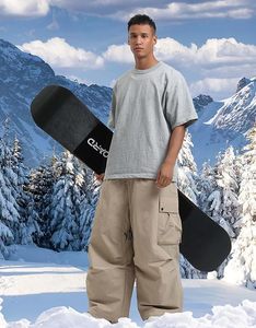 Pantalon cargo ample pour homme, style snowboard, beige, pantalon à jambes larges, ensemble haut à col rond, streetwear adulte, vêtements de ski - Product Image 4