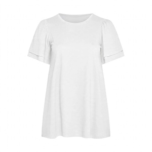 <b>White</b> Crew neck <b>Short</b> <b>Sleeve</b> Layered Ruffle Flare Tunic Top Casual Summer Loose Fit <b>Women</b> Tee <b>Shirt</b> Blouse Solid Colour Basic - Product Image 1