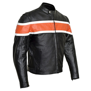 Blouson de moto en cuir PU noir pour homme avec empiècements orange, coupe-vent, style motard, col rabattable, fermeture éclair - Product Image 1