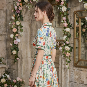 Vestido de Fiesta de Verano de Alta Calidad para Mujer, Cintura Imperio, Cuello Camisero, Estampado Floral Colorido, Manga Corta, Largo Midi - Product Image 4