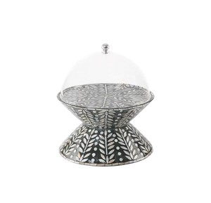 Outstanding mother of pearl <b>cake</b> <b>stand</b>, ash grey floral handmade shell tier container set with <b>dome</b> for boutiques - Product Image 3