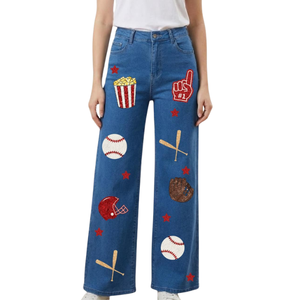 Vaqueros de mezclilla de diseñador vintage para mujer, de cintura alta, pierna ancha, transpirables, para primavera, ropa casual, bordados para el día del partido de béisbol - Product Image 1