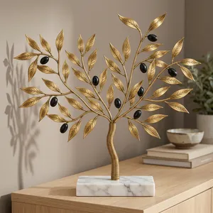 Escultura Decorativa de Olivo en Metal con Frutos Negros y Acabado Dorado Texturizado, Elegante Arte Botánico de Mesa sobre Mármol - Product Image 4