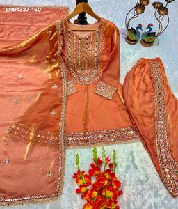 Designer Fancy Silk with Embroidered & Real Mirror Readymade Dhoti-Short Round <b>Kurti</b>-Dupatta Collection At Wholesale Rate - Product Image 5