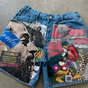 Shorts de mezclilla personalizados unisex con estampado patchwork estilo hip hop, con apliques y dobladillo deshilachado, azules, de algodón, estilo casual urbano. - Product Image 6
