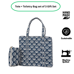 Sac fourre-tout matelassé en coton imprimé Jaipur bleu et blanc + trousse de toilette, ensemble de 3 sacs à fermeture éclair, écologique, léger, pour la plage et les voyages - Product Image 2