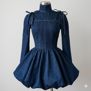 Vestido vaquero escultural de longitud mini, corte ajustado y acampanado, cuello simulado con lazo decorativo y cintas. - Product Image 2