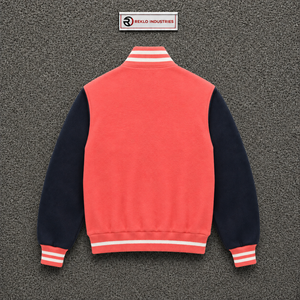 Chaqueta Varsity de Lana Rosa Coral y Azul Marino, Chaqueta Clásica de Béisbol con Mangas Azul Marino en Contraste, Botones a Presión Negros y Rayas - Product Image 6