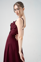 Nouvelle robe de soirée pour femme en satin bordeaux, coupe trapèze, avec bretelles tressées, en tissu polyester, longueur midi, fournisseur Vietnamien