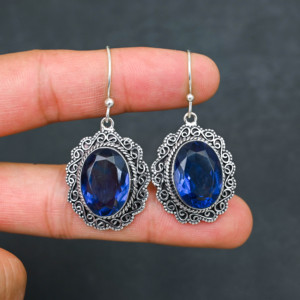 Boucles d'oreilles personnalisées en Tanzanite bleue créée en laboratoire, en argent sterling 925, 1,9 pouce, bijoux faits à la main, pierres précieuses, boucles d'oreilles fines antiques, cadeau - Product Image 4