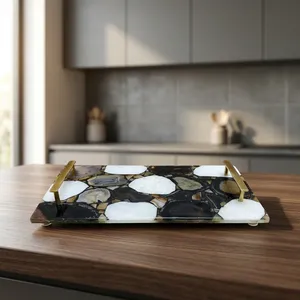 Handmade <b>Black</b> Agate Stone Serving Tray with Gold Metal Handles Rectangular Decorative Kitchen Coffee Table Home Display Decor - Product Image 3