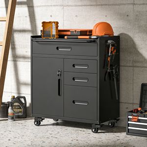 Armadio Portautensili Mobile da 87 cm con Scomparto Chiudibile a Chiave, 4 Cassetti, Cassettiera in Acciaio su Ruote per Garage e Officina - Product Image 1