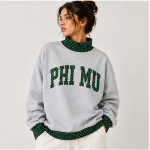 Sudadera de cuello redondo para mujer Phi Mu, azul marino con ribete de lunares, de algodón tejido, holgada, transpirable y cómoda, con cuello simulado. - Product Image 4