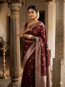 Sari indien ethnique de luxe en soie de litchi douce, imprimé feuille d'or, avec chemisier à motif quadrillé contrastant, pour mariage traditionnel et style Antra, idéal pour l'hiver et le soleil. - Product Image 2