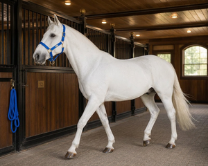 Blue Nylon Horse <b>Halter</b> with Gold Hardware Australian Saddle Style for Stable Use - Product Image 2