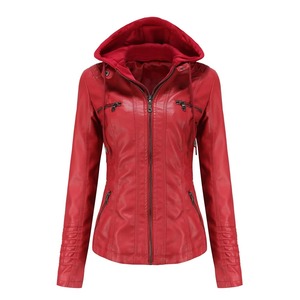 Women's Black Hooded <b>Leather</b> <b>Jacket</b> With Zipper Pockets And Adjustable Cuffs - Product Image 6