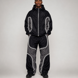 Survêtements coupe-vent à capuche de qualité supérieure 2027, ensemble 2 pièces, avec logo personnalisé et passepoil, couleur unie, pour le sport - Product Image 1