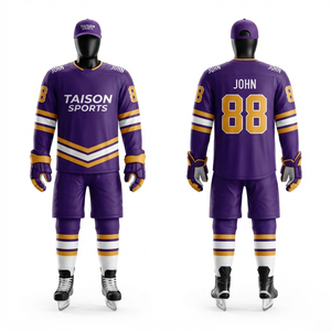 Uniforme de hockey sur glace en maille 100% polyester de qualité supérieure, 240 g/m², pour maillot, short et chaussettes blancs dorés, impression par transfert thermique - Product Image 1