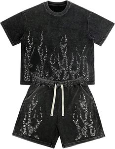 เสื้อยืดทรงบ็อกซี่สไตล์สตรีทแวร์ผ้าฝ้ายปักลายเพชรพร้อมกางเกงขาสั้น ชุดเซ็ตเสื้อยืดแบบวินเทจสำหรับผู้ชาย ขายส่ง - Product Image 1