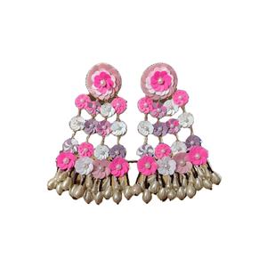 ต่างหูลูกปัดดอกไม้ทำด้วยมือสีชมพูและสีขาวพร้อมพู่ไข่มุกเครื่องประดับสำหรับผู้หญิงและเด็กผู้หญิง - Product Image 1