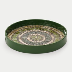 Magnifique plateau de service rond en coquille de capiz laquée à motifs floraux, avec nacre, pour cuisine, table basse, ou comme dessous-de-plat décoratif pour boissons - Product Image 2