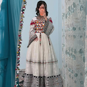 Classic <b>White</b> Afghan Kuchi Dress Multi Color <b>Mirror</b> Work Chest Piece Intricate Silver Border Embroidery Traditional OEM - Product Image 1