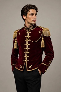 Veste de smoking en velours bordeaux pour homme avec broderie dorée, col mandarin, double boutonnage, style britannique, tenue formelle - Product Image 1