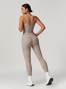 Two Piece Summer Lightweight Fitness Outfit V-neck Crop Tank <b>Top</b> Soft Naked Feel <b>Compression</b> Running Tights Activewear - Product Image 5