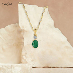 Wholesale Seller Genuine 7x5mm Oval Cut Emerald & Diamond Accent <b>Pendant</b> 14k <b>Solid</b> <b>Gold</b> Birthstone <b>Pendant</b> For Wedding Gift - Product Image 5