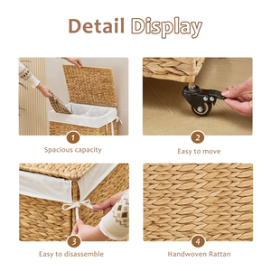 Panier à linge à 2 sections de 100 L avec couvercle et roulettes, en jacinthe d'eau naturelle tressée - Product Image 4