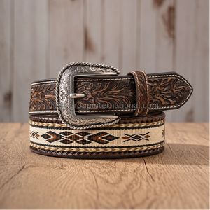 Wholesale Western Leather <b>Belt</b> for Men Women Brown Floral Tooled Cowboy <b>Belt</b> with Aztec Woven Fabric Inlay <b>Silver</b> <b>Buckle</b> - Product Image 3