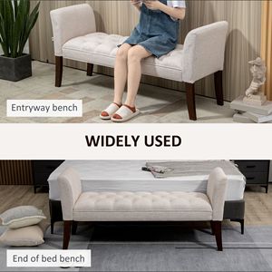 Panca Imbottita Beige con Bottoni e Gambe e Braccioli in Legno Massello per l'Uso a Fine Letto - Product Image 4
