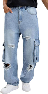 Jean cargo déchiré bleu clair pour homme, taille élastique, denim délavé, style décontracté automne, poids moyen, écologique - Product Image 4