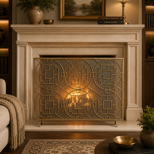 Malla Metálica Decorativa para Chimenea Geo Medallion, Acabado Latón Antiguo, Malla Fina Antichispas, Protector de Seguridad Independiente para Chimenea - Product Image 1