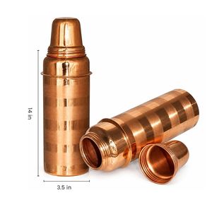Bouteille d'eau et thermos en cuivre poli avec bandes en relief, couvercle à vis, design classique, réutilisable pour l'extérieur et le bureau - Product Image 4